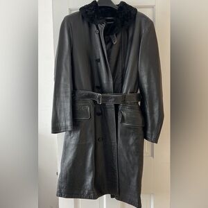 DKNY Men's leather coat with belt with caracul fur inserts